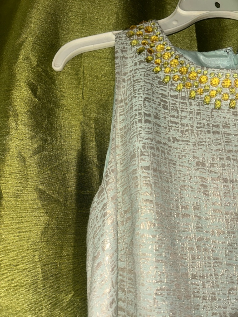 Maggy London Pale Blue Shift Dress with Gold Beaded Neckline - Picture 5 of 7